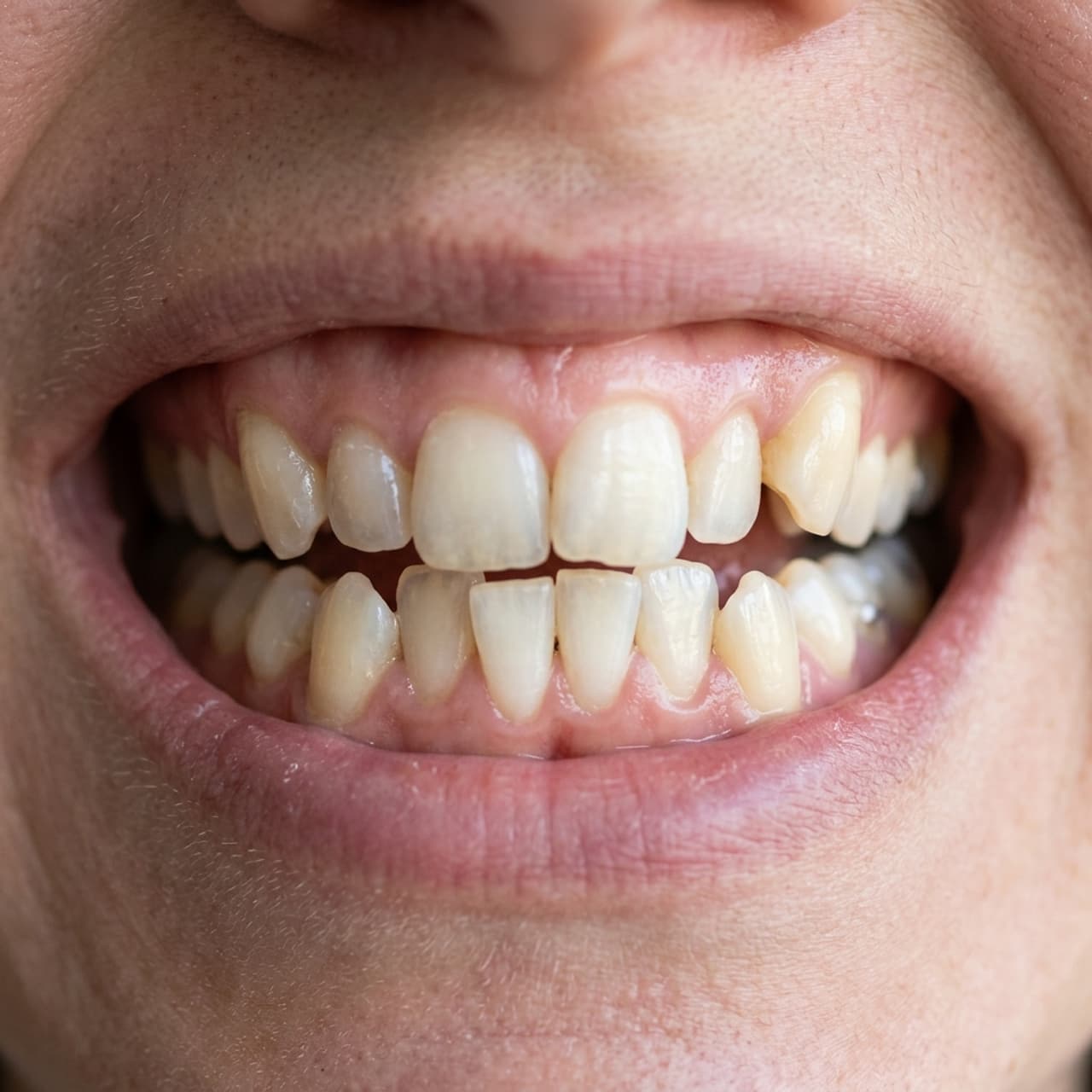 Sonrisa antes del tratamiento: dientes apiñados y rotados